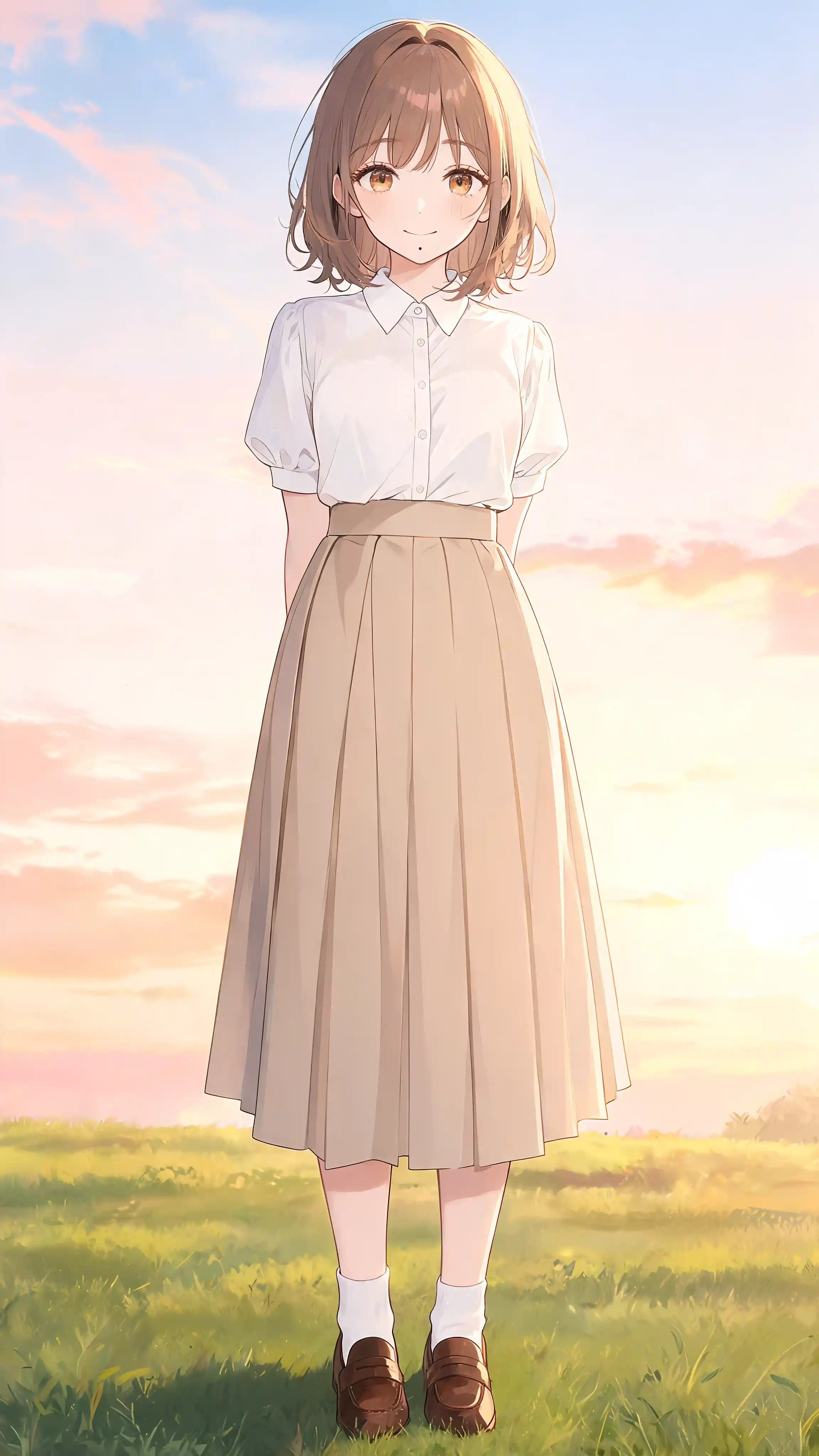 Shy anime girl in vintage preppy outfit at sunrise
