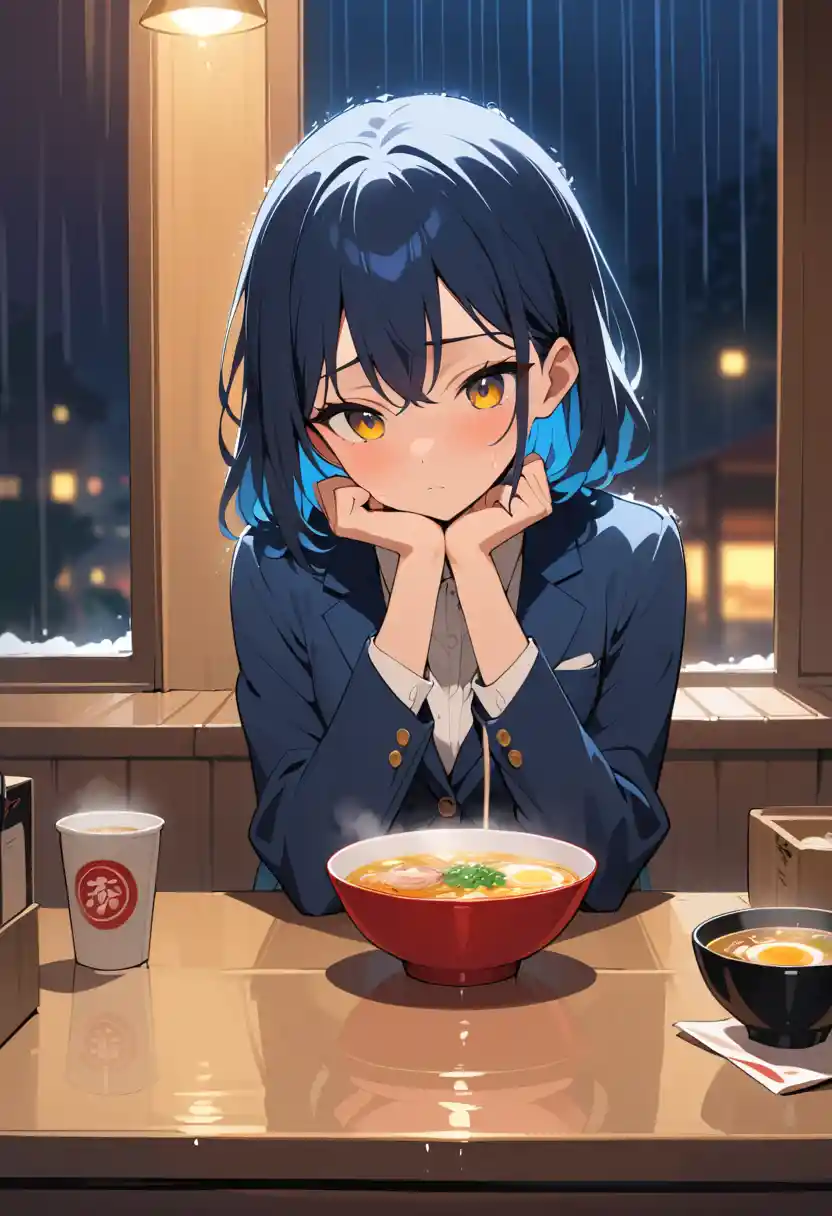 Tired office woman warming her hands over late night ramen