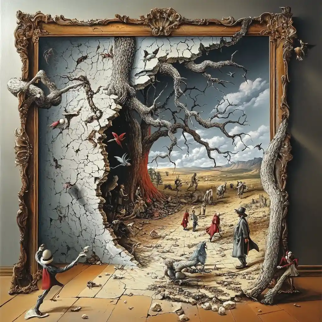 Surreal illusion artwork with multiple images hidden in one