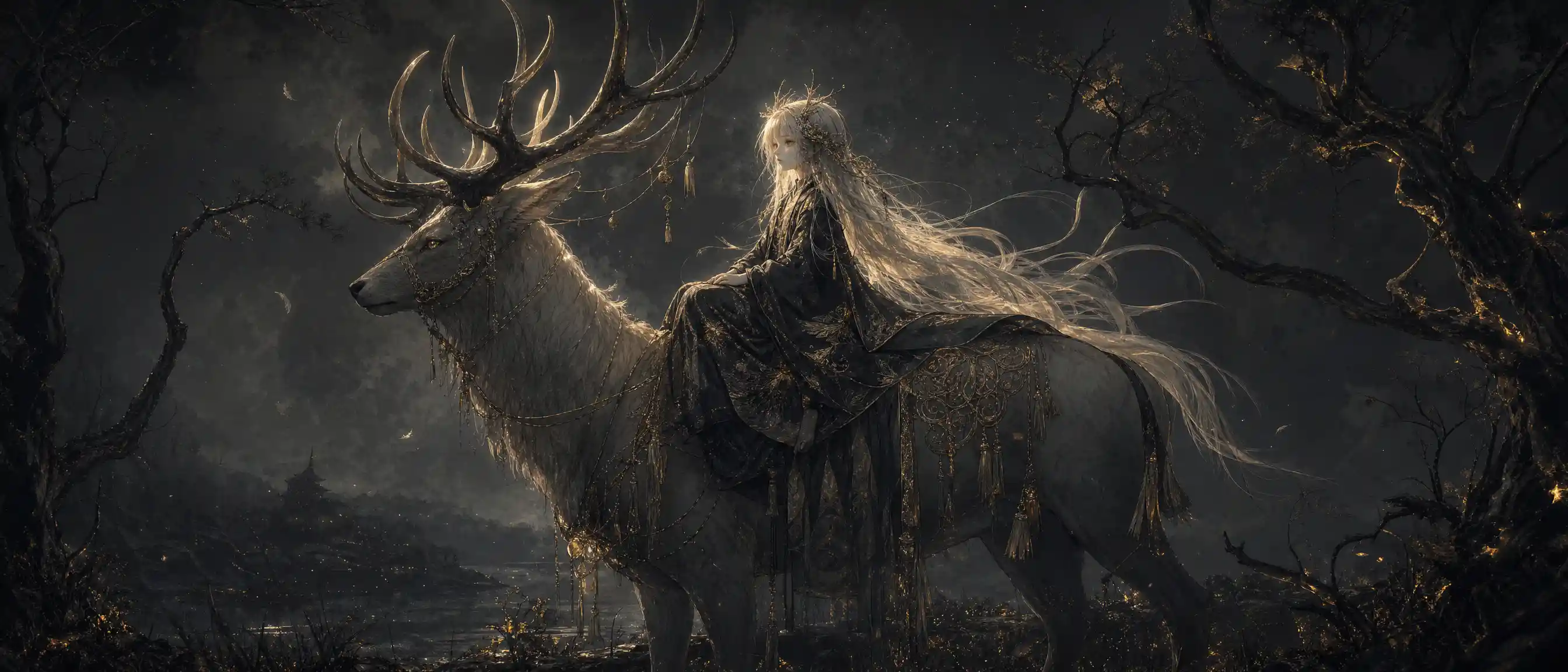 Melancholic Girl Riding A Majestic Deer In Side View