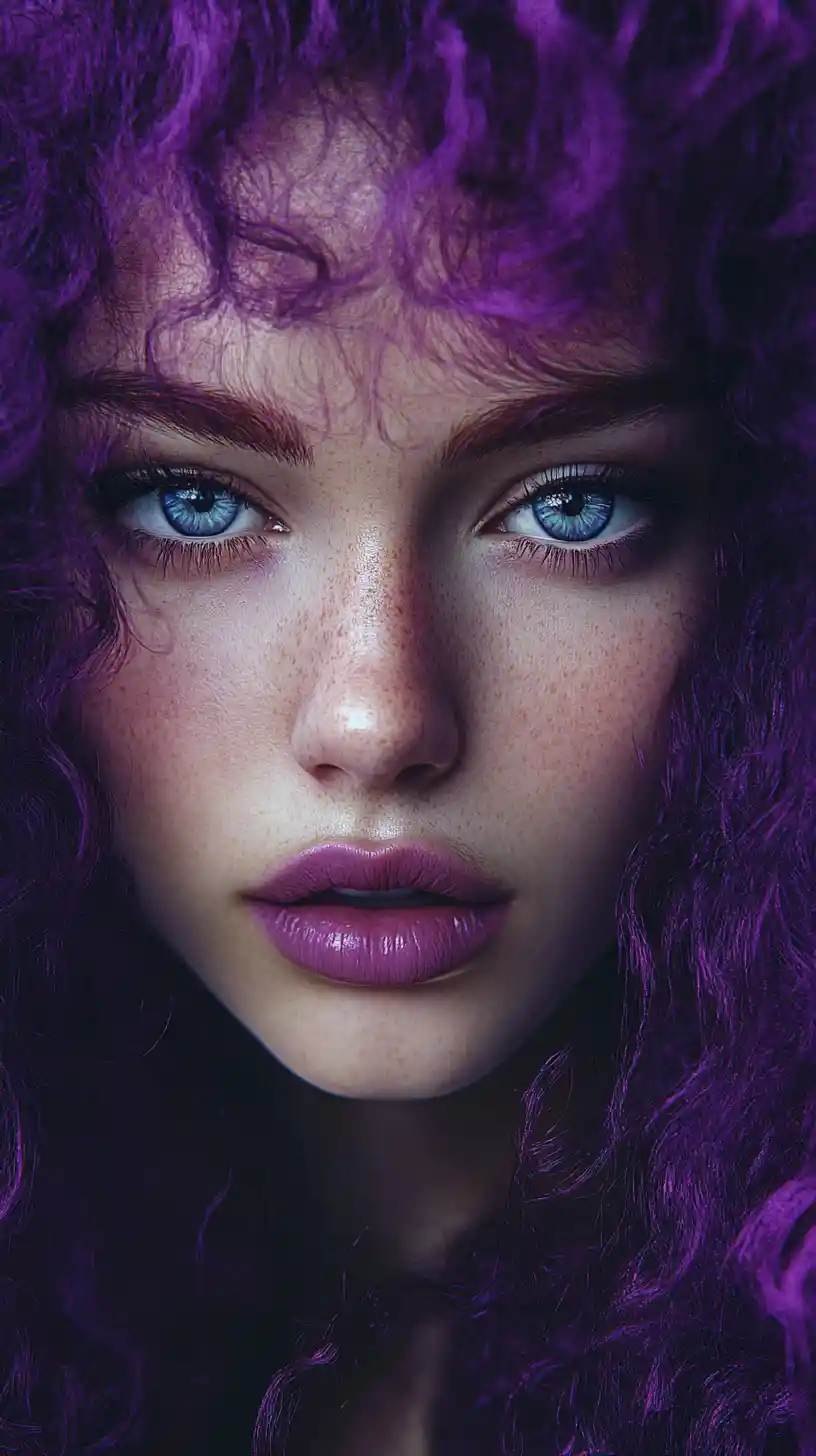 Purple haired girl portrait with luminous pale skin