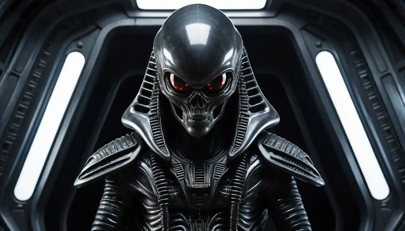 Alien figure in futuristic outfit inside a space shuttle