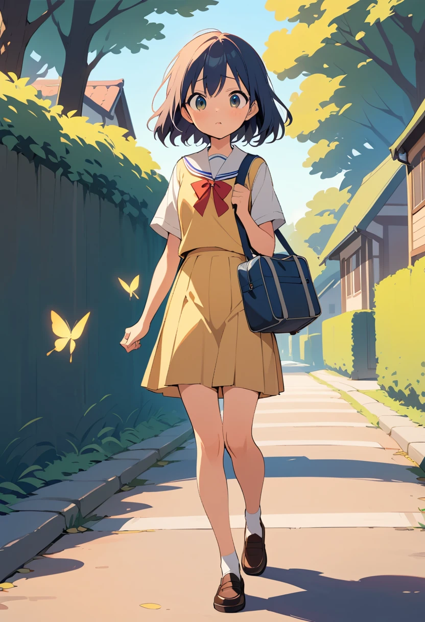 Schoolgirl walking alone on a quiet sunny street