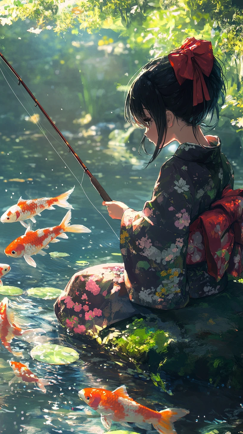 Anime girl fishing by a tranquil koi pond in kimono