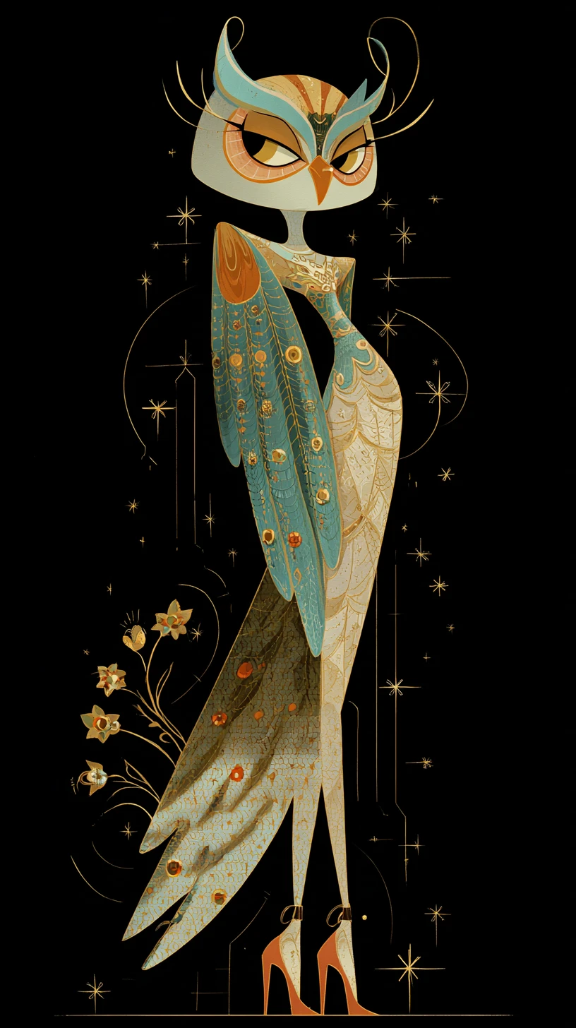 Surreal owl in couture floating through dreamy outer space