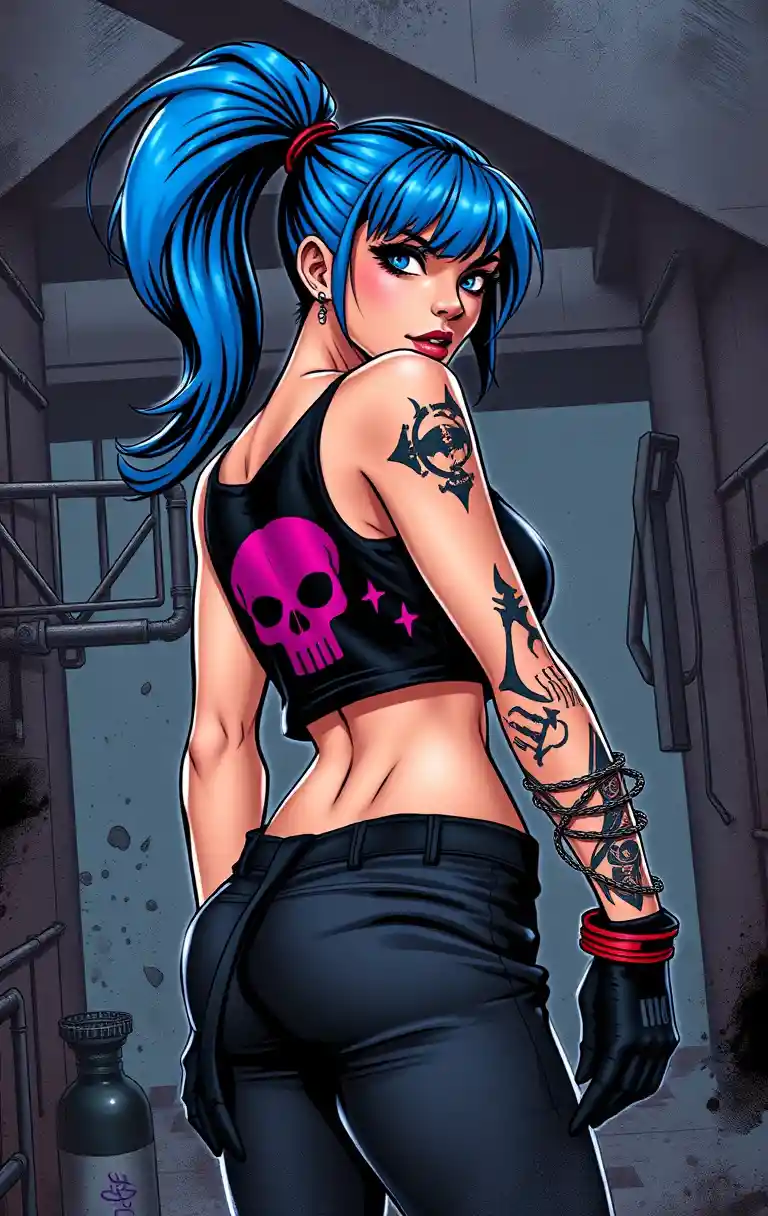 Blue haired warrior woman in industrial urban setting