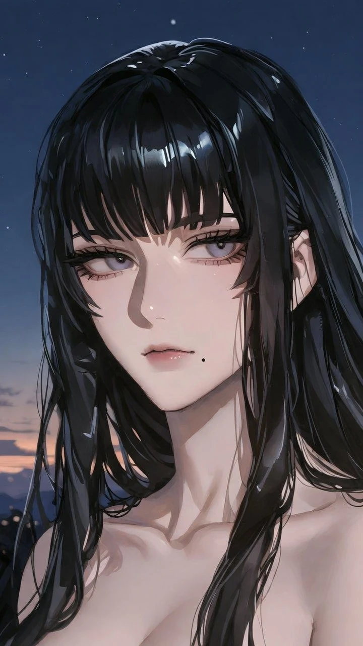 Elegant anime girl under a serene violet dusk sky
