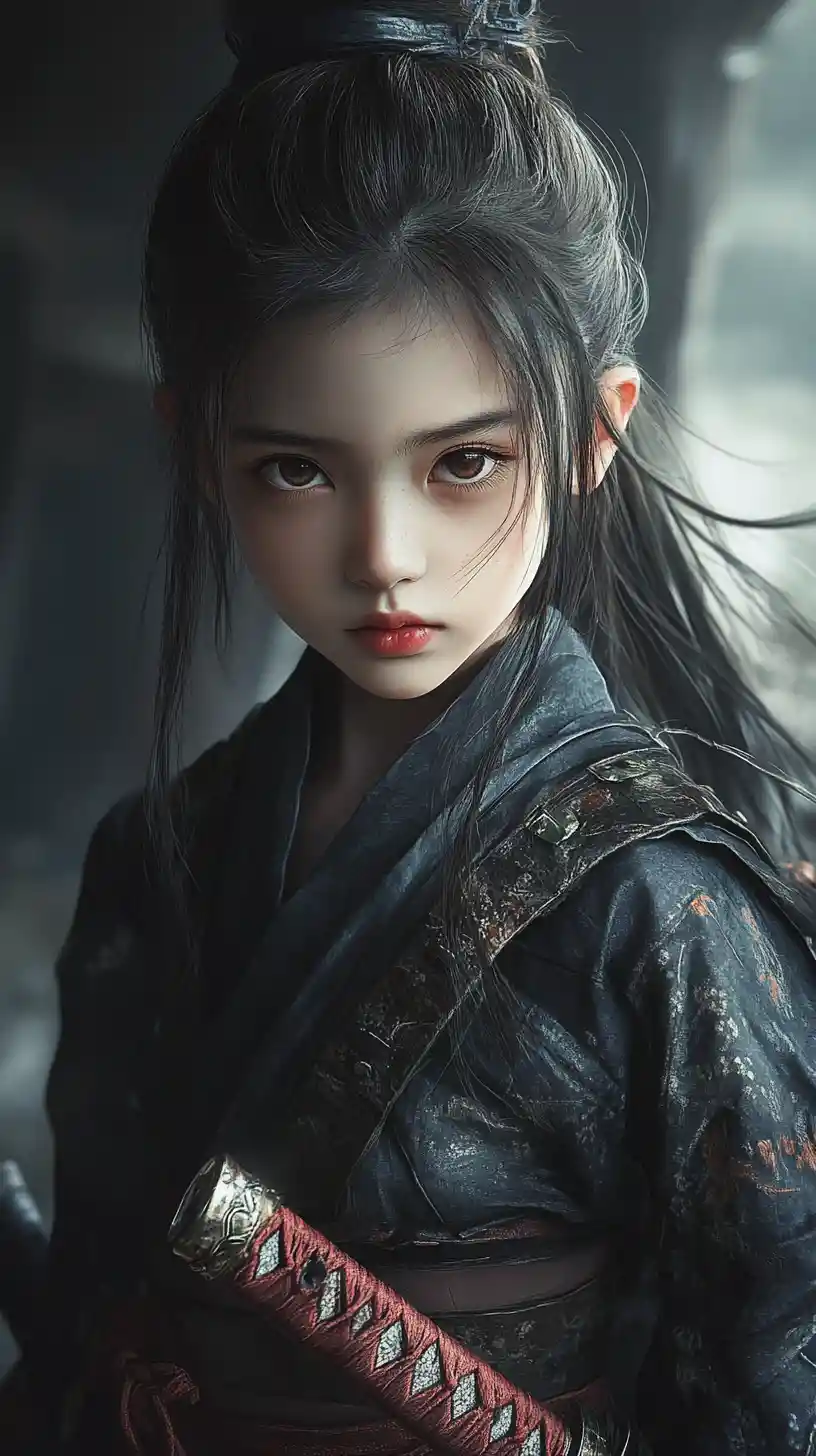 Stoic young girl with katana in misty ancient village