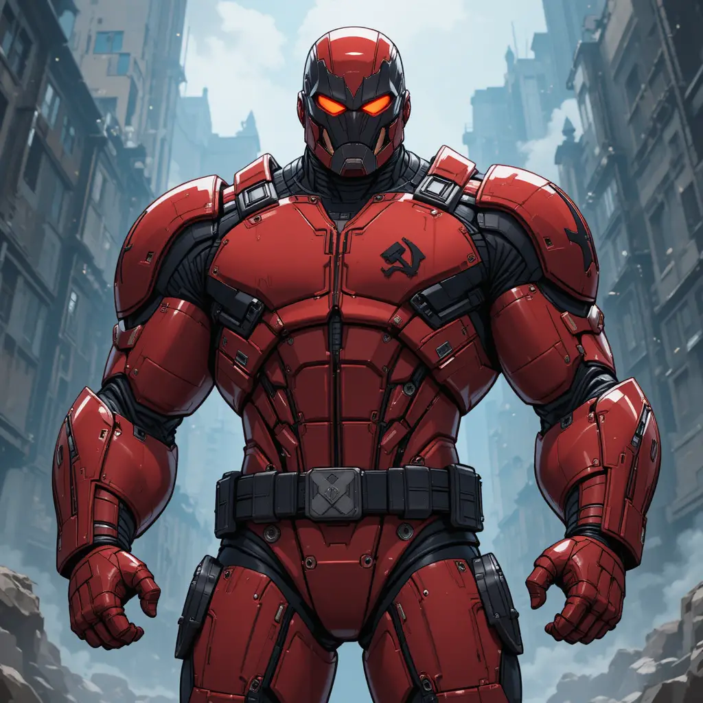 Armored Soviet super soldier with crimson plated battle armor