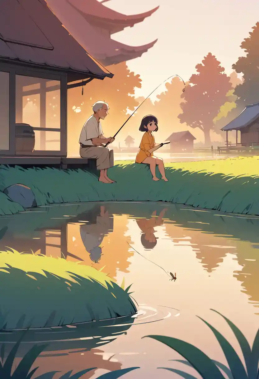 Grandfather teaching granddaughter to fish on quiet pond dock