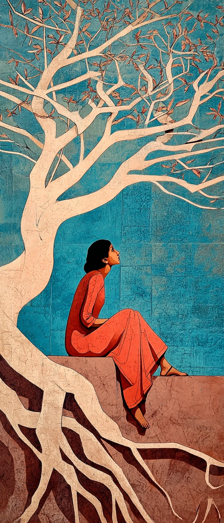 Heartbroken anime girl under a dying banyan tree