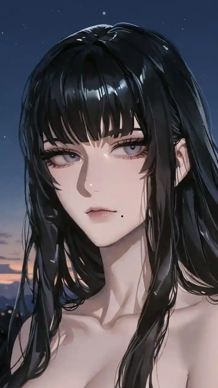Elegant anime girl under a serene violet dusk sky