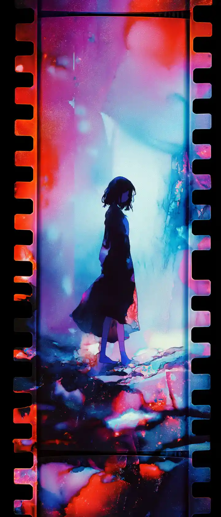 Solitary anime woman in fading alcohol ink film frame