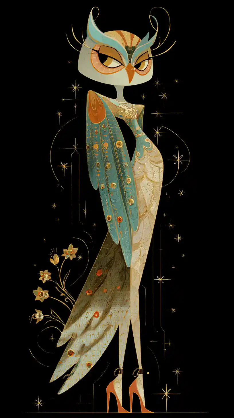 Surreal owl in couture floating through dreamy outer space