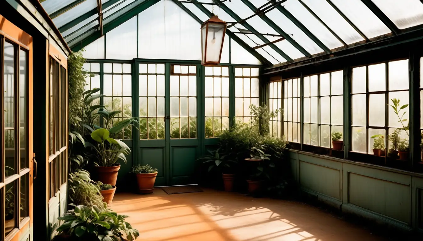 Sunlit overgrown greenhouse interior in warm nostalgic tones