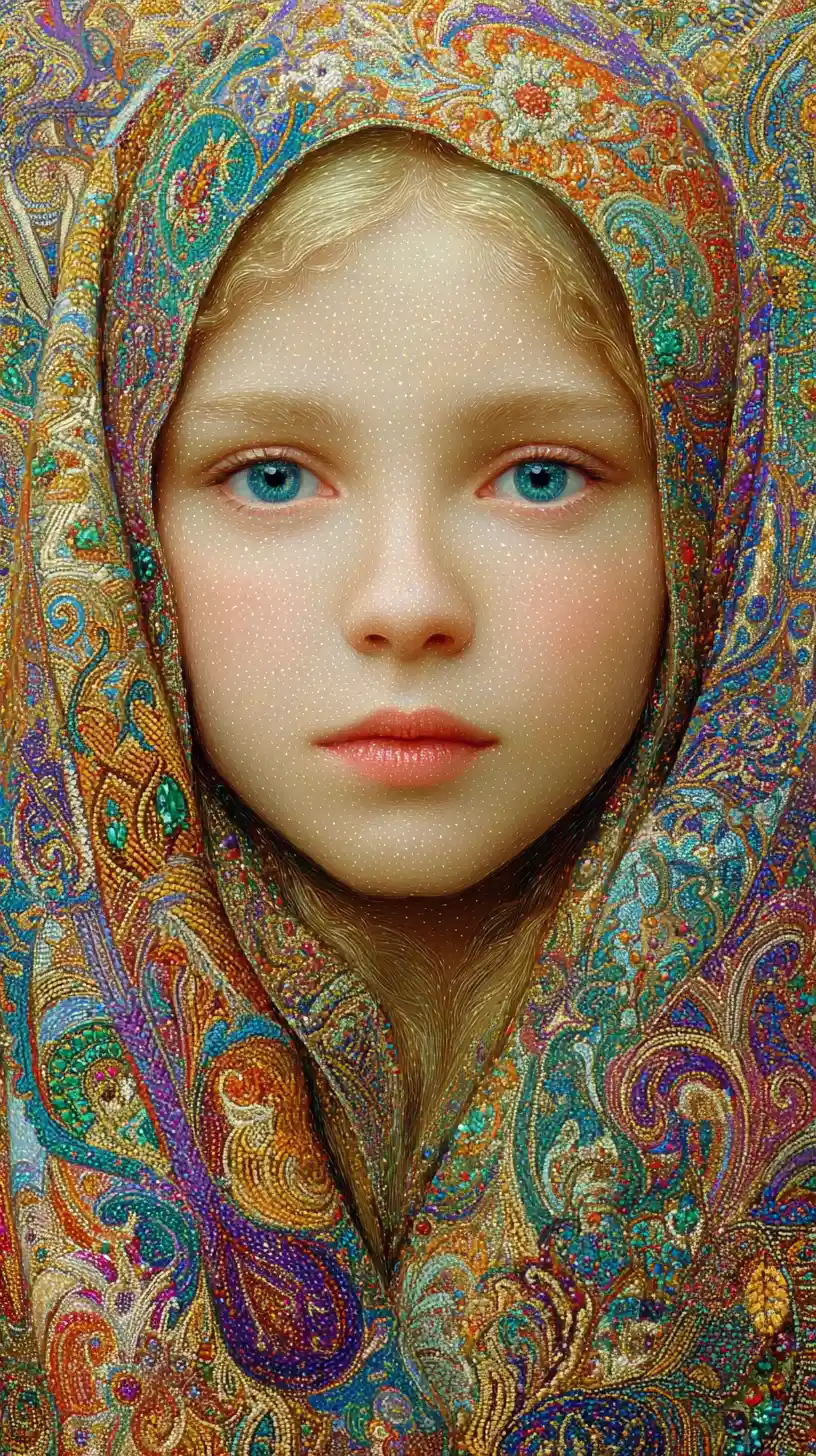 Blonde girl in jeweled patterned headscarf close up portrait