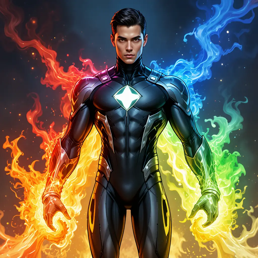 Male superhero with shifting multicolored elemental energy aura