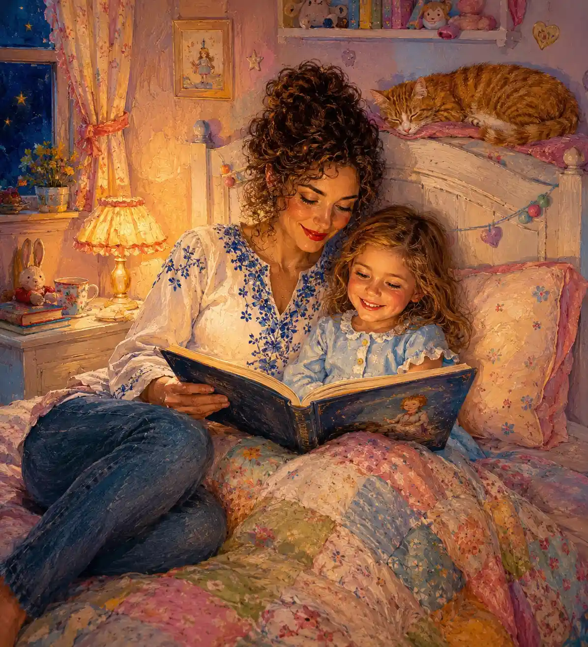 Mother reading a bedtime story to her young daughter