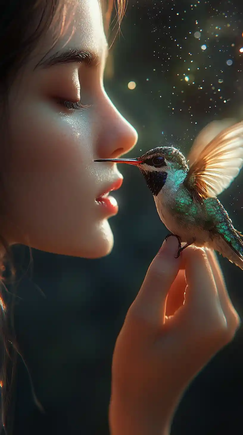 Girl and glowing hummingbird in intimate fantasy portrait