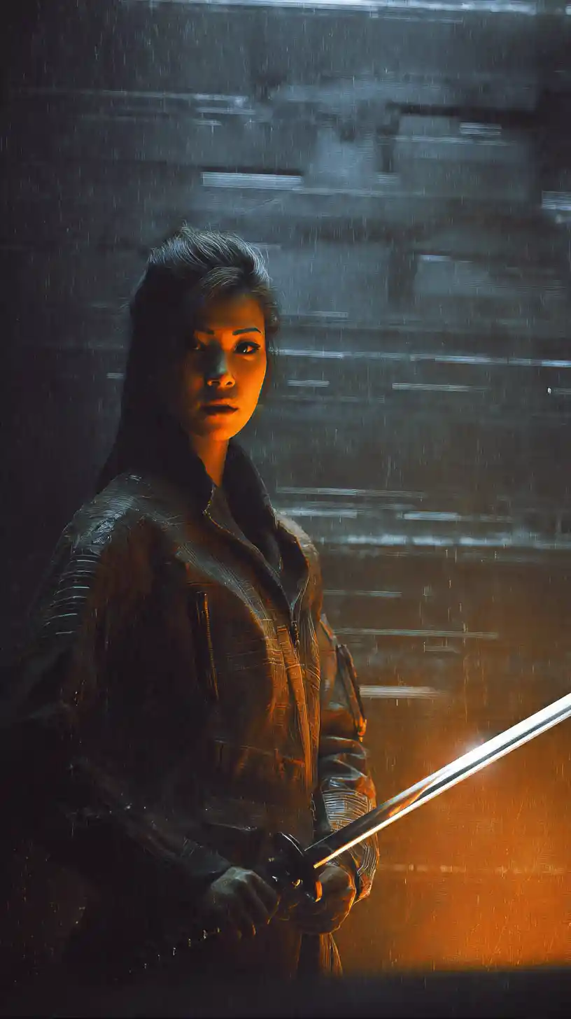 Japanese sword woman in dramatic cinematic style portrait