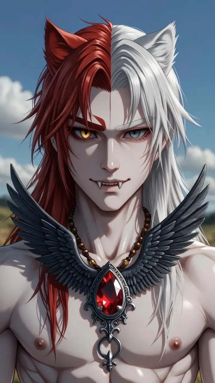 Heterochromer Anime-Mann unter klarem blauem Himmel