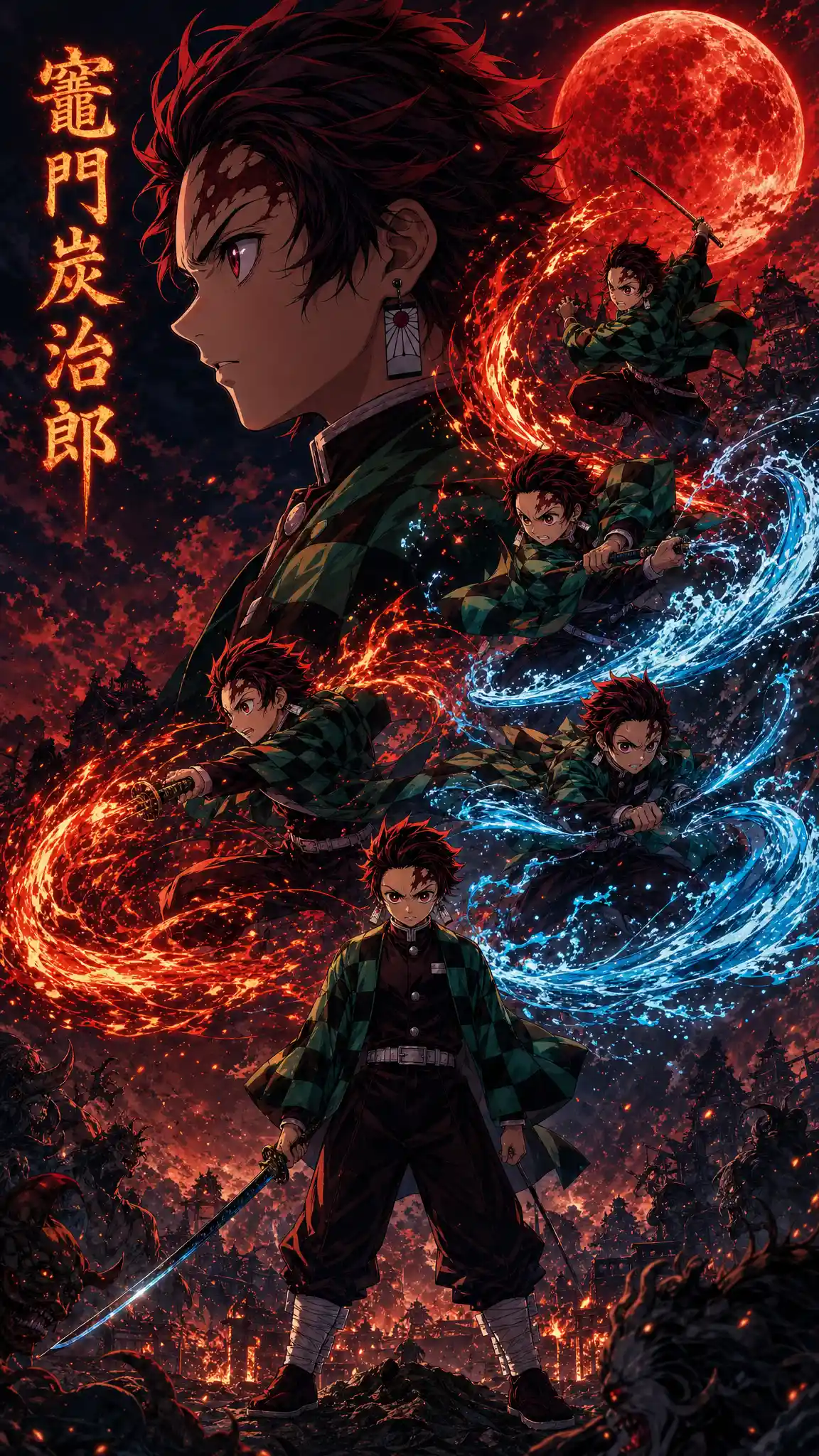Anime swordsman collage under a blood red moon