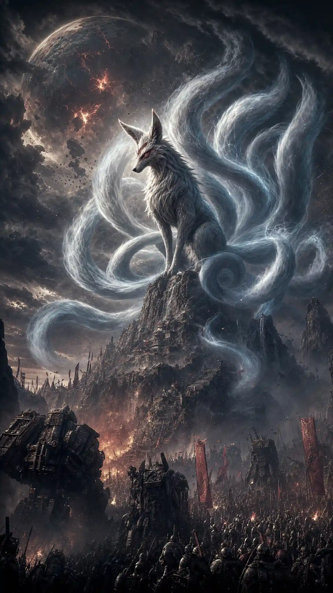 Colossal nine tailed fox on a windswept mountain peak