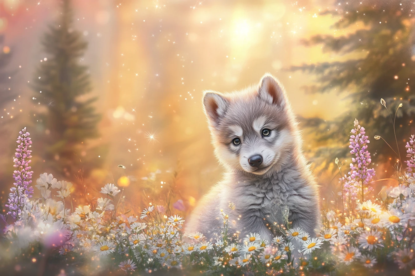 Cute baby gray wolf in a glowing wildflower meadow