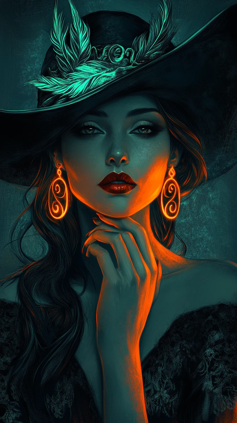 Neon lit mysterious woman in wide brim hat portrait