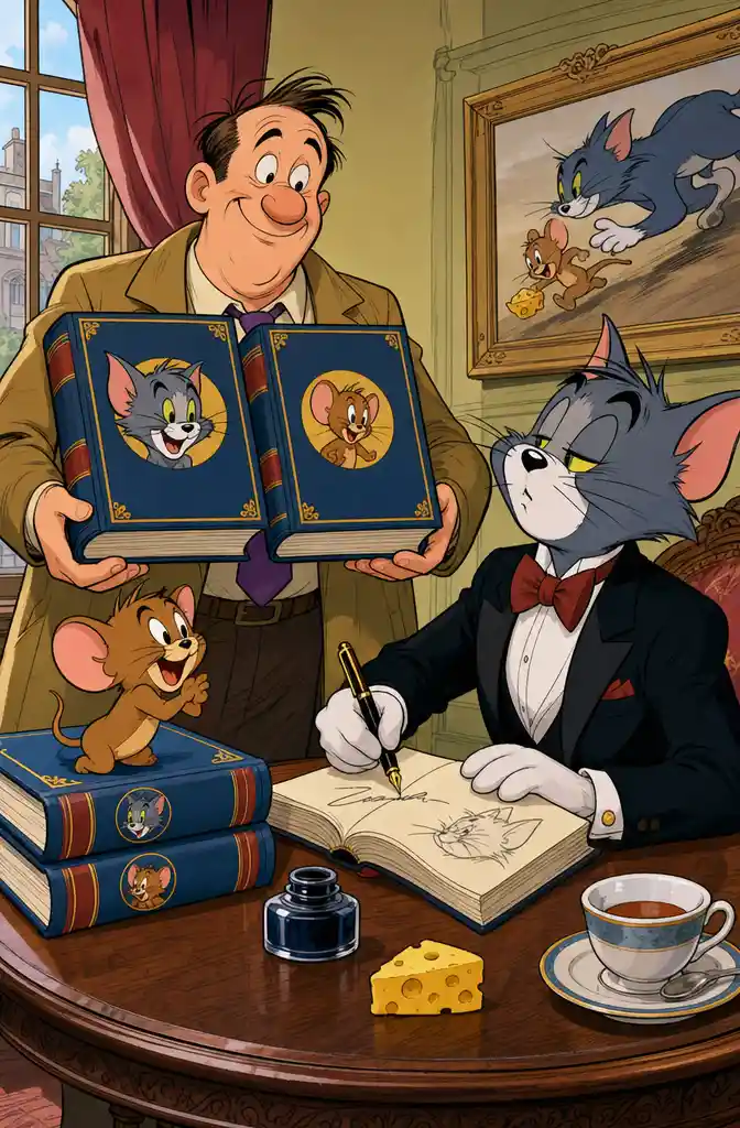 Humorous comic style illustration of a cat and mouse trio