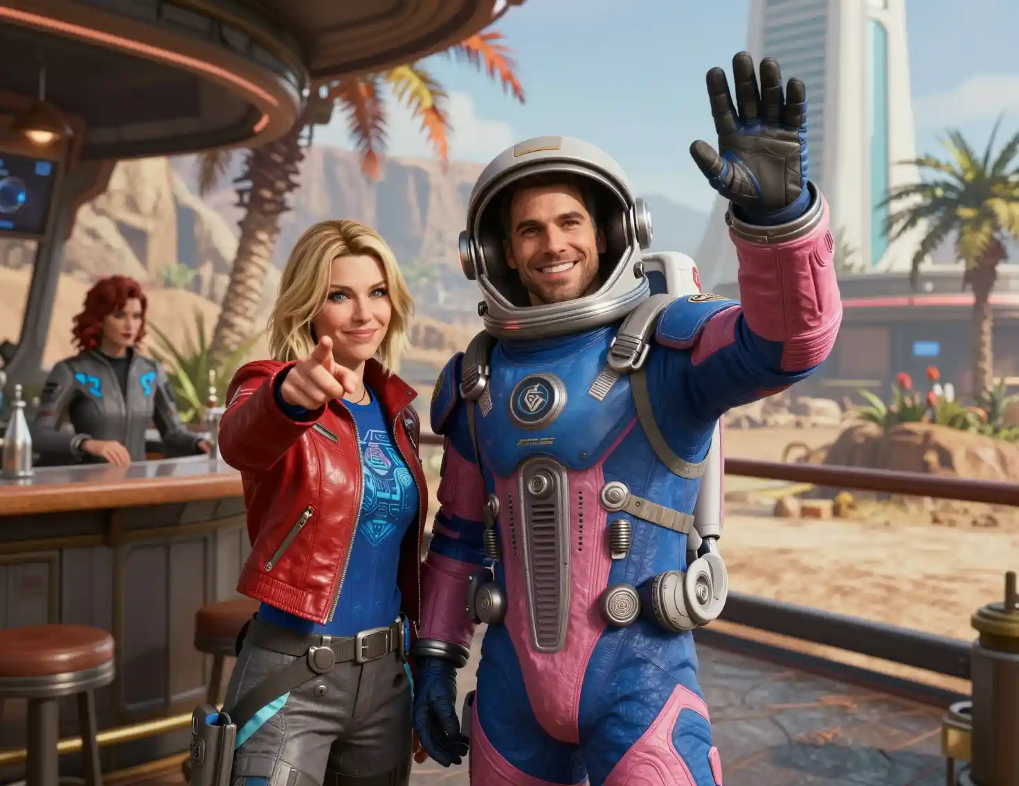 Smiling astronaut waving beside woman on alien terrace