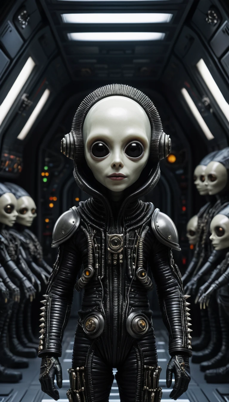 Alien creature in futuristic pyramid styled spaceship interior