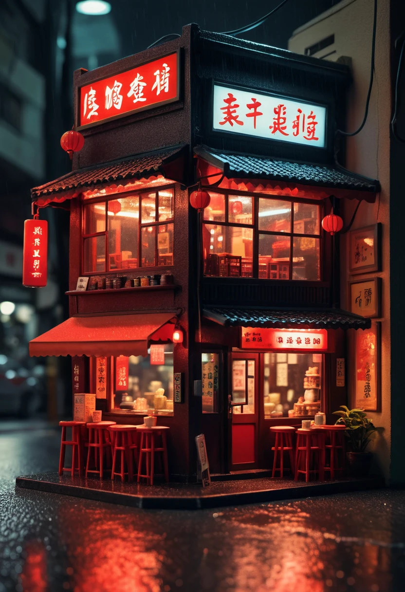 Tiny neon Hong Kong tea house diorama at night