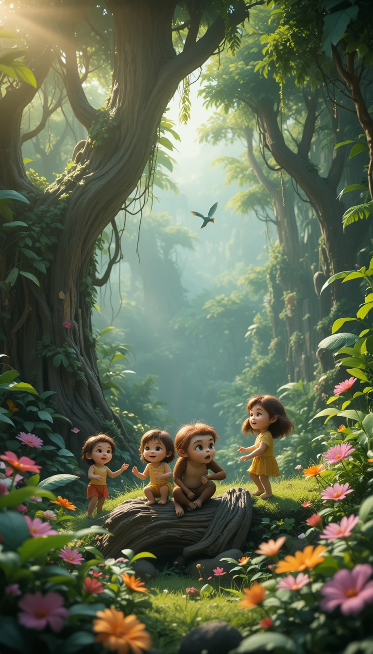 Cute monkey family in a colorful jungle tree at dawn