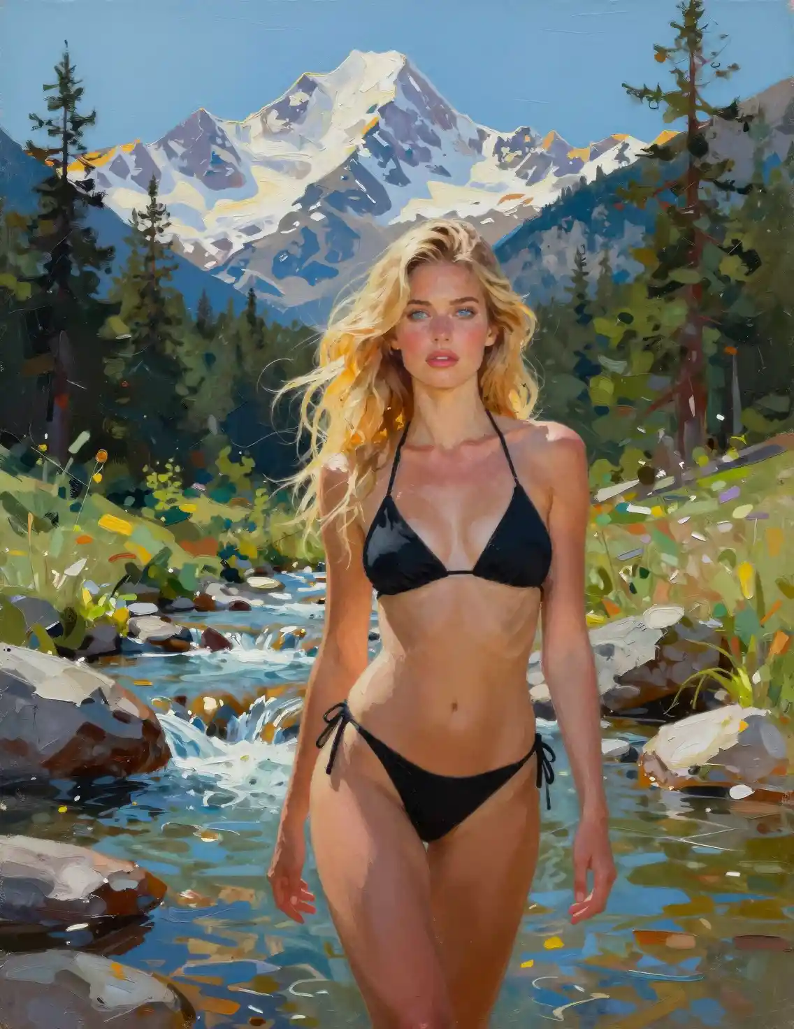 Woman in black bikini before mountains and forest stream