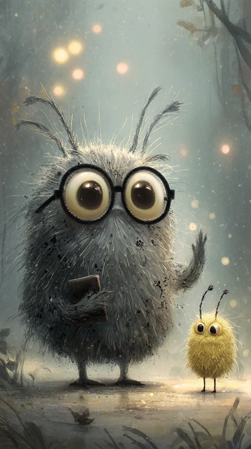 Fluffy Grey Monster And Tiny Yellow Creature In Enchanted Forest