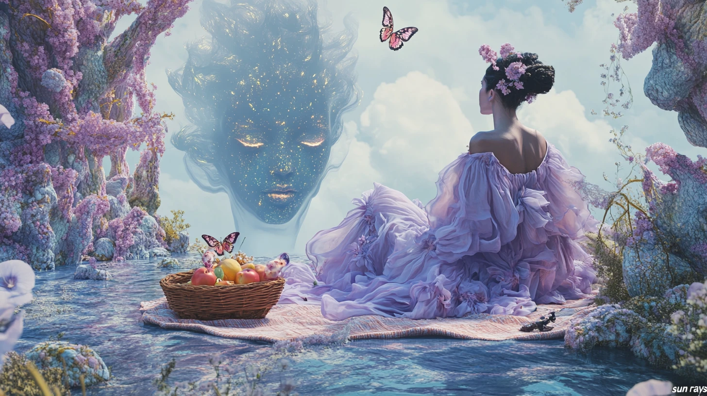 Mujer sobre manta de picnic flotante sobre un mar como de cristal