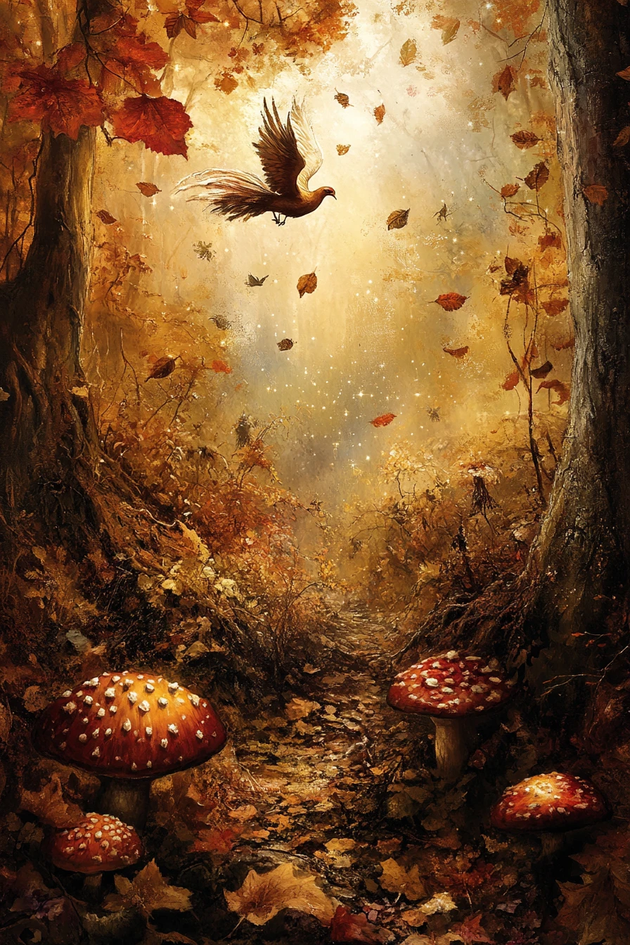 Autumn gorge with falling leaves under a calm evening sky