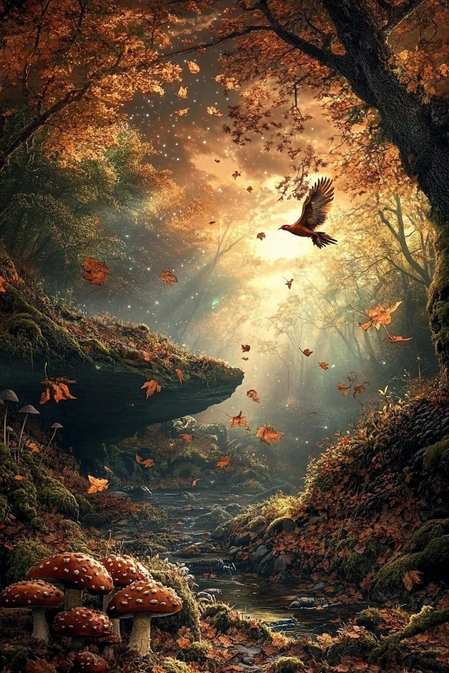 Autumn gorge with falling leaves under a soft evening sky