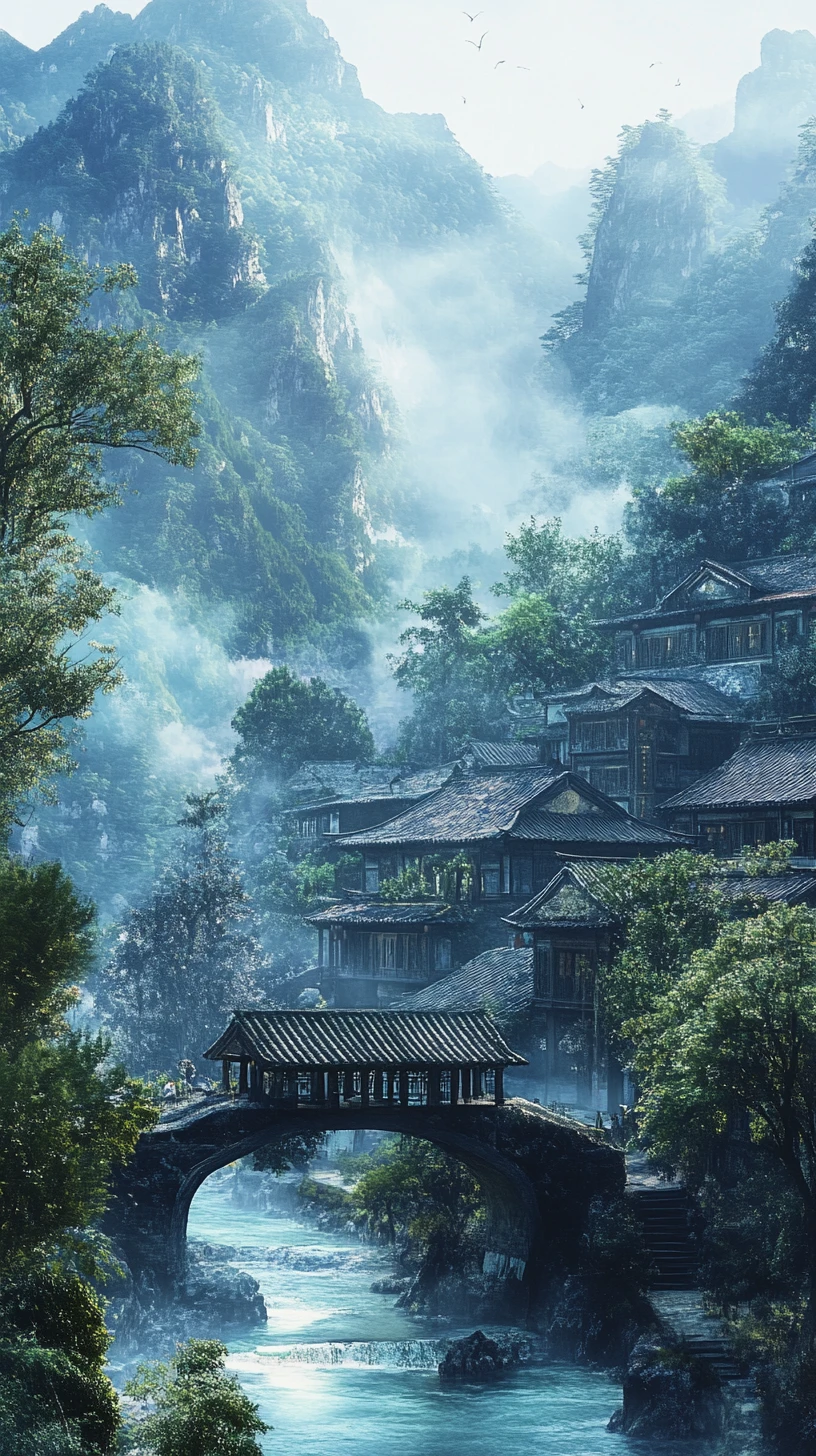 Tranquil Chinese Mountain Village Beside A Turquoise River