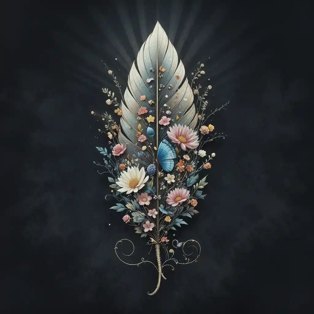 Fantasy feather with flowers and butterfly on dark background