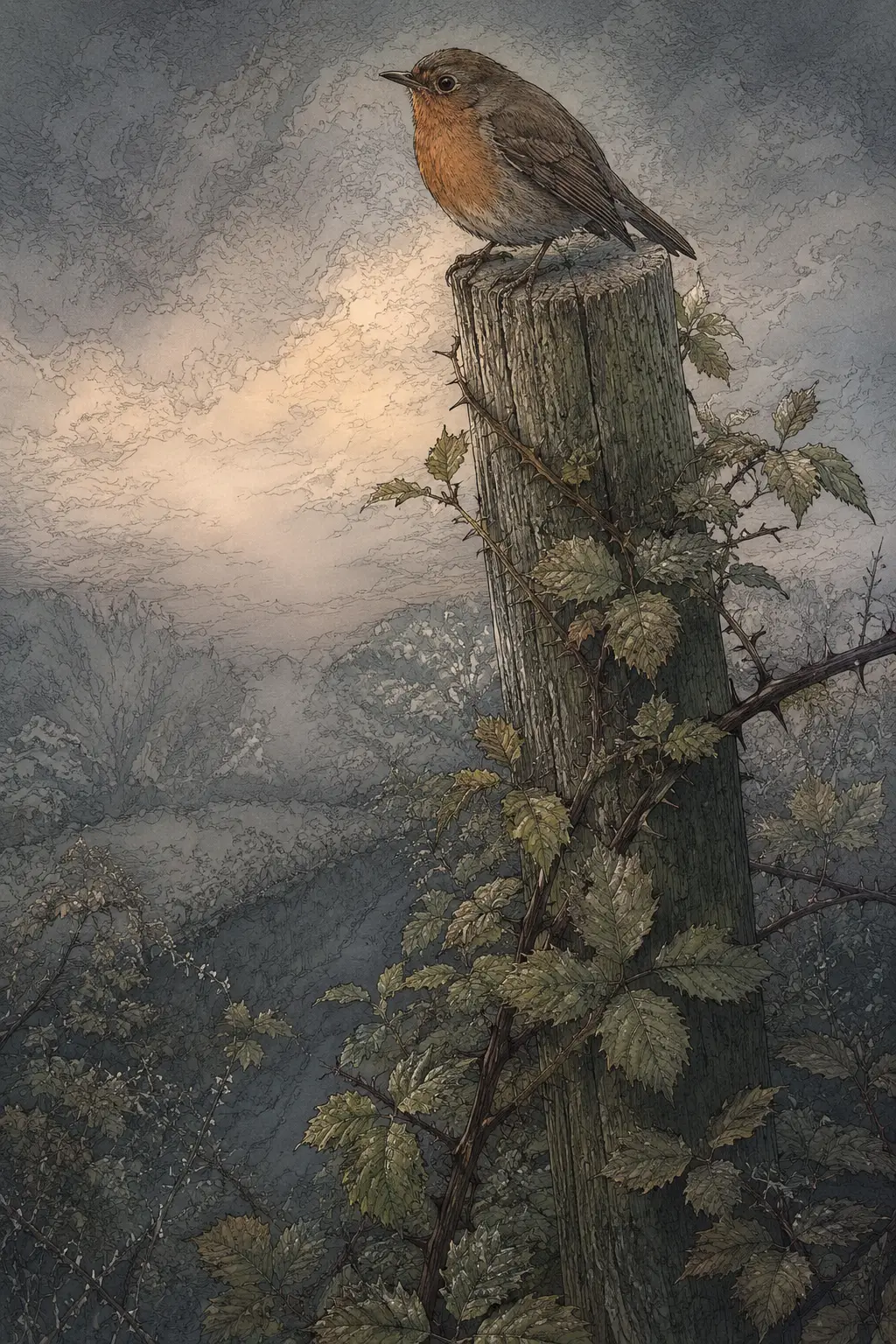 Brown robin on post with bramble under gray dawn sky