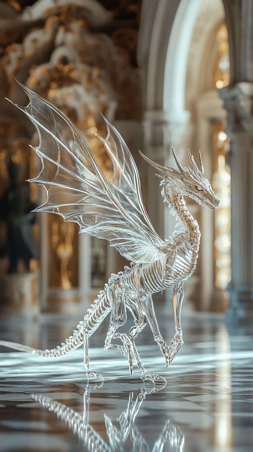 Dragón etéreo en un salón gótico con suelo reflectante