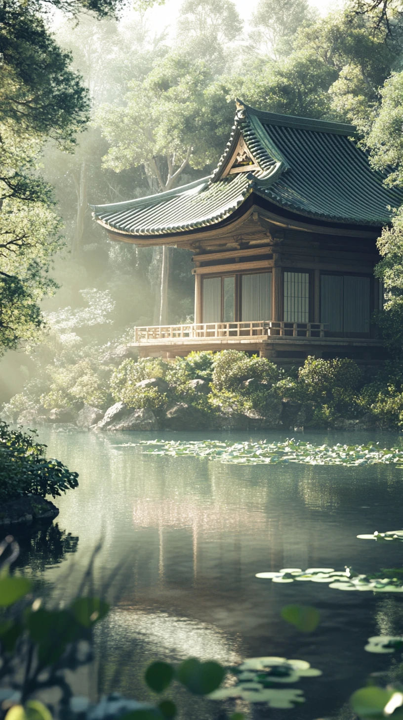 Tranquil Japanese Temple Reflected In Garden Pond
