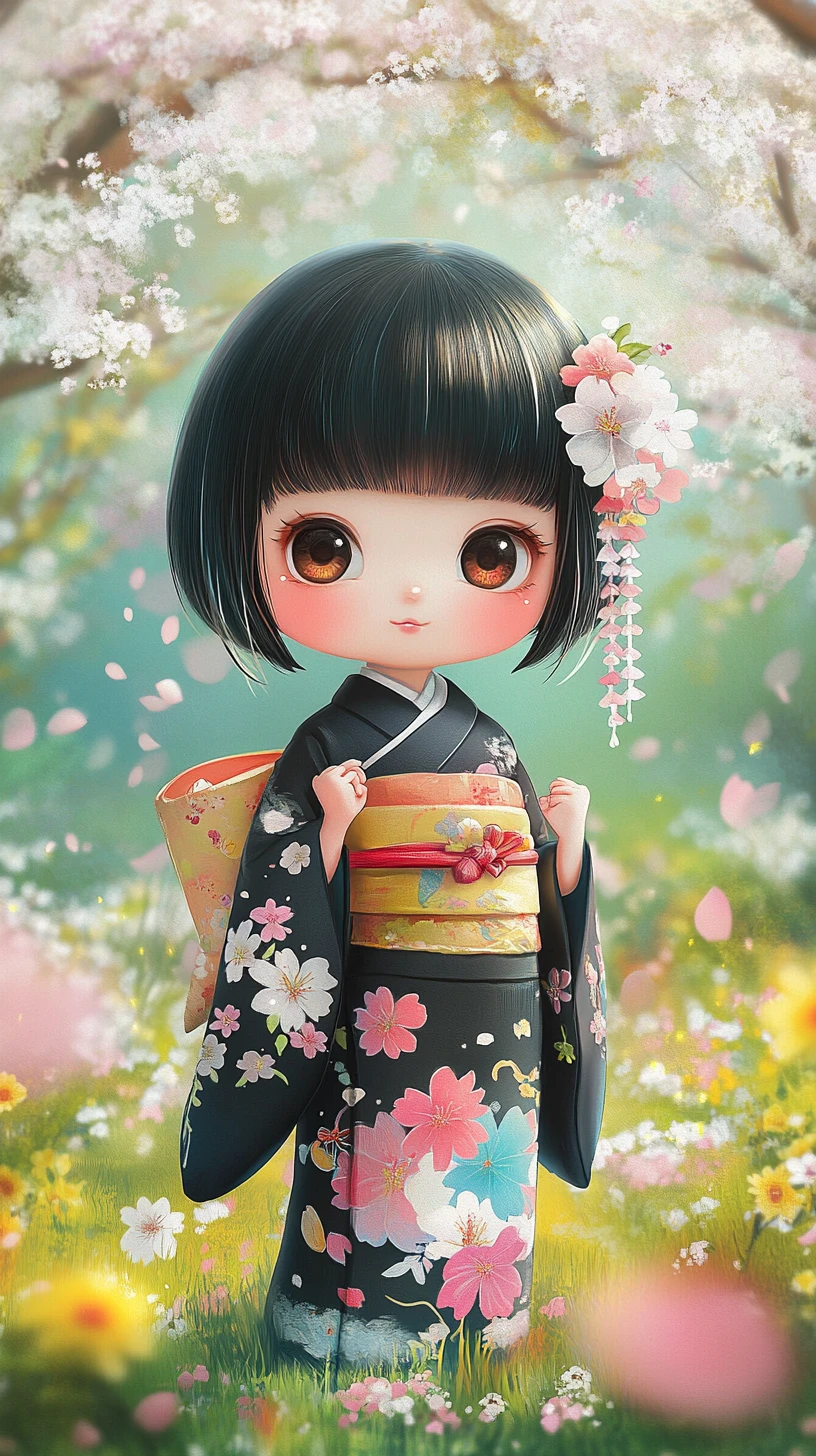Linda chica chibi en un jardín de flores de primavera