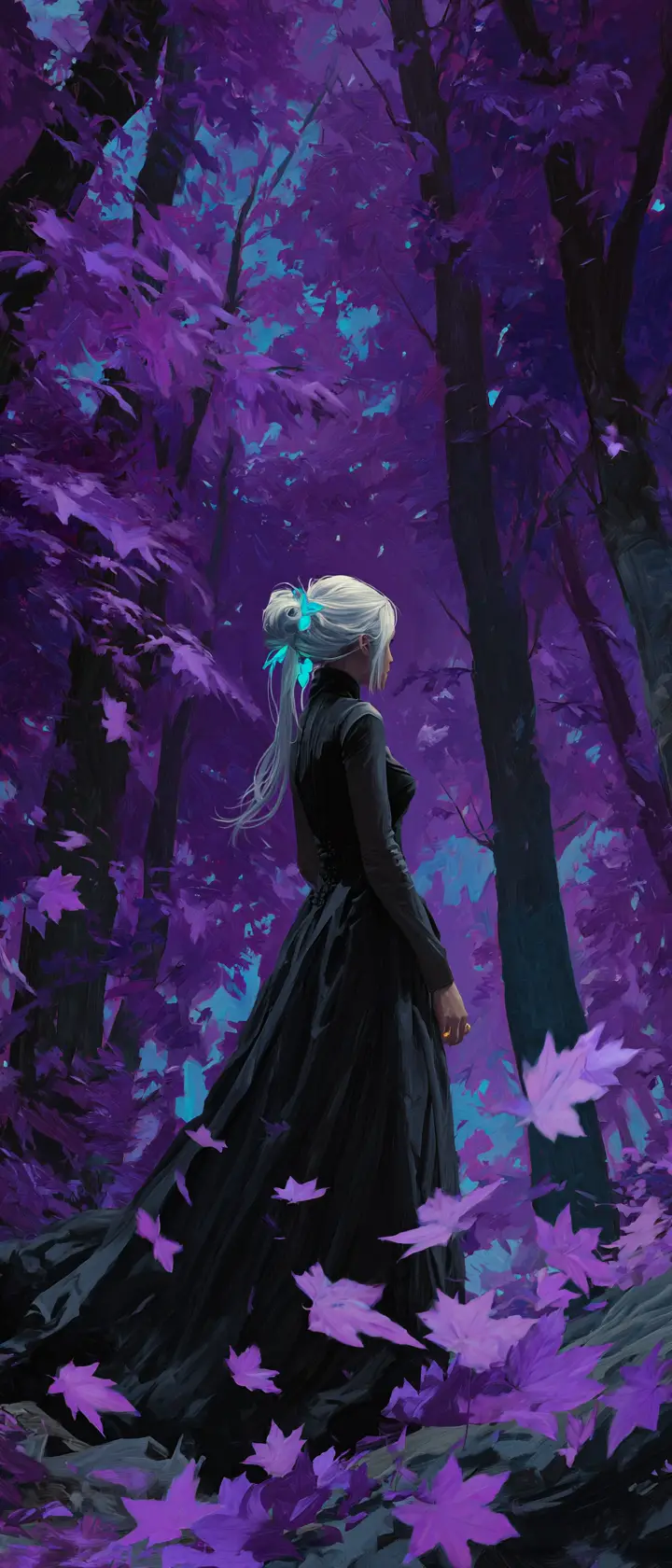 White haired woman in black dress in purple forest