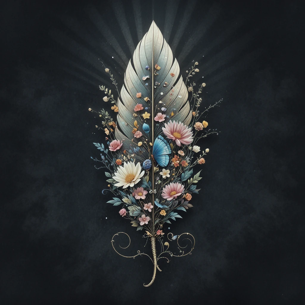 Fantasy feather with flowers and butterfly on dark background