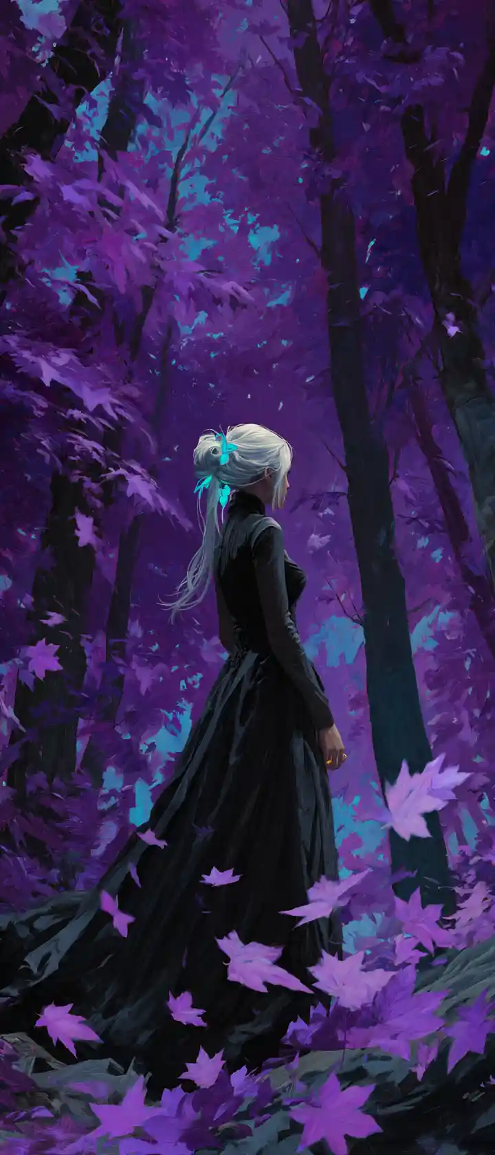 White haired woman in black dress in purple forest