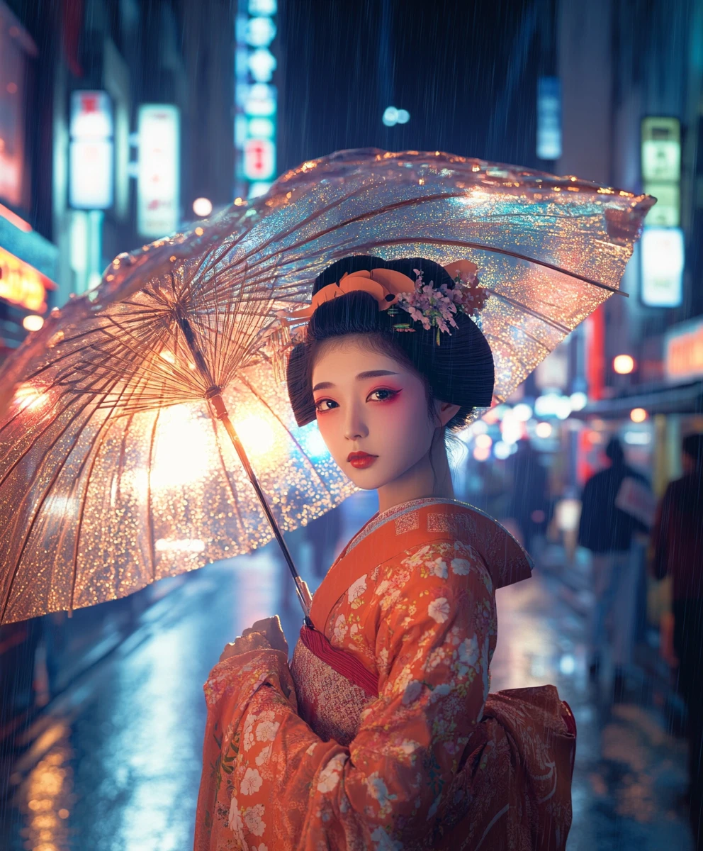 ネオンの東京の街を歩く傘を差したアニメ風芸者