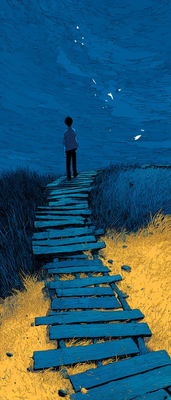 Anime boy alone on a bridge in his childhood village